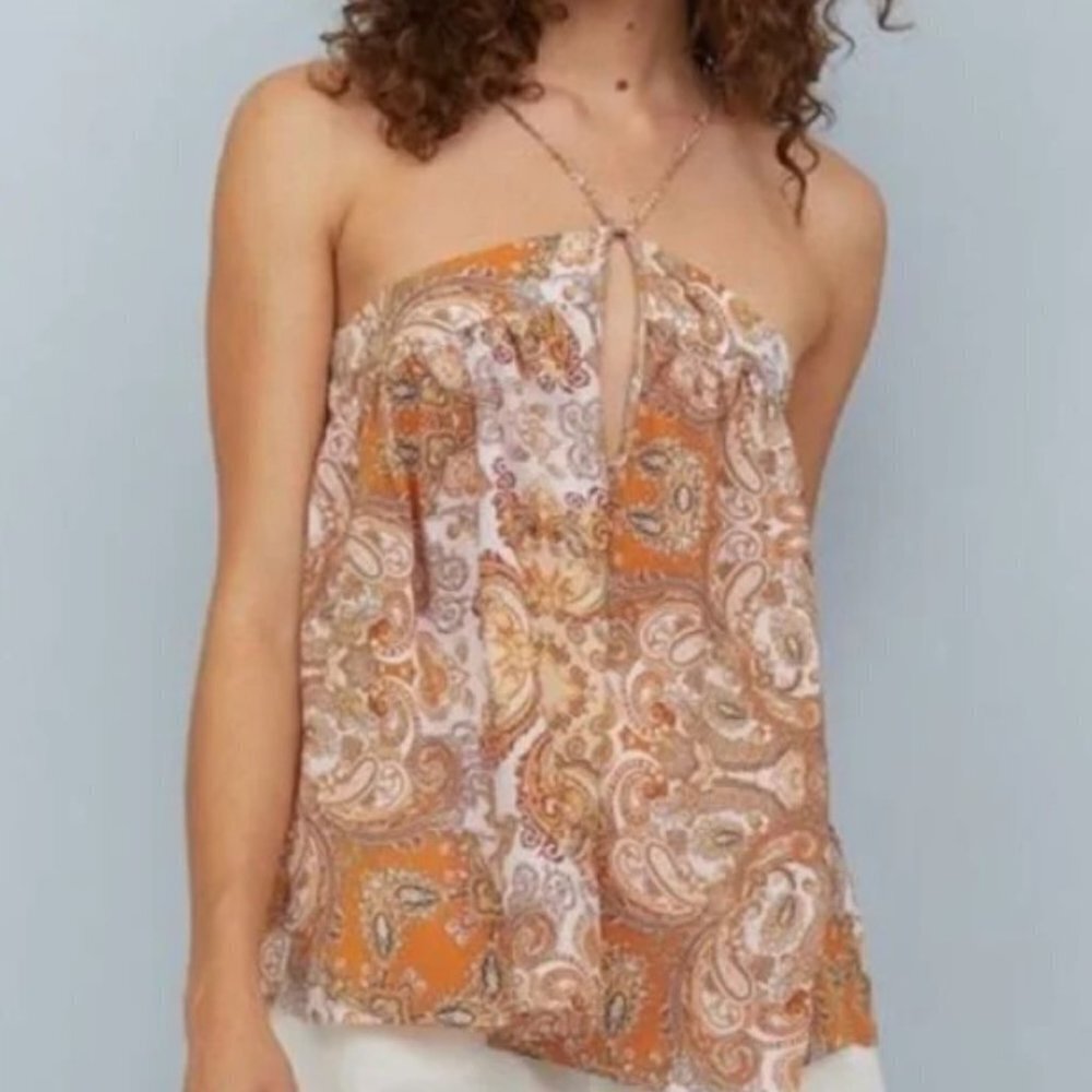 H&M Orange and Brown Paisley Faux Halter Top